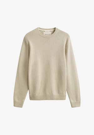 Beige trui met lange mouwen en ronde hals, met geribde manchetten en zoom, gemaakt van zachte gebreide stof, gelabeld GANT.