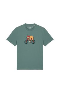 Mintgroene katoenen T-shirt met een afbeelding van een cartoonpersonage dat op een fiets rijdt, met een opvallende rode helm en gestructureerde details.