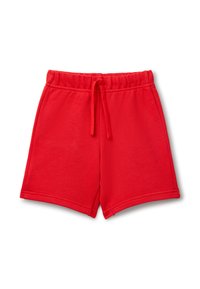 Pantaloni corti in cotone rosso con vita elastica e cordino regolabile. Presentano una texture liscia e un orlo dritto. Senza tasche.