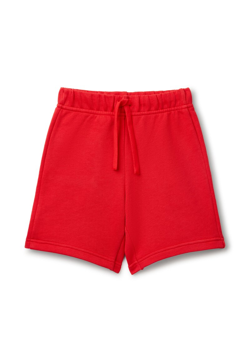 Pantaloni corti in cotone rosso con vita elastica e cordino regolabile. Presentano una texture liscia e un orlo dritto. Senza tasche.
