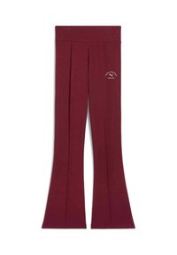 Bordeaux flared leggings met een brede tailleband en een klein wit logo aan de onderkant links. Gemaakt van een zachte, gladde stof.