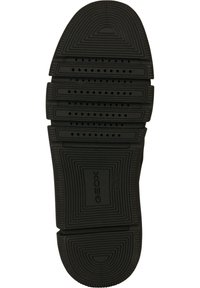 Semelle de chaussure en caoutchouc noir avec un motif texturé comprenant des rainures et des perforations pour la respirabilité. Affiche le logo "GEOX".