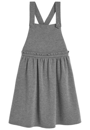 Szara dzianinowa sukienka ogrodniczka z krzyżującymi się ramiączkami zapinanymi na guziki oraz rozkloszowaną spódnicą z delikatnym falbankowym wykończeniem w talii.