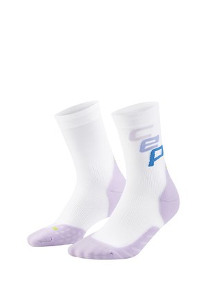 Pair of white ankle socks with light purple heel and toe areas, featuring a blue and gray logo on the outer side of each sock.
