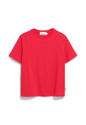 T-shirt rouge à manches courtes en coton doux, avec un col rond et un ourlet droit. Étiquette visible au niveau de l'encolure.