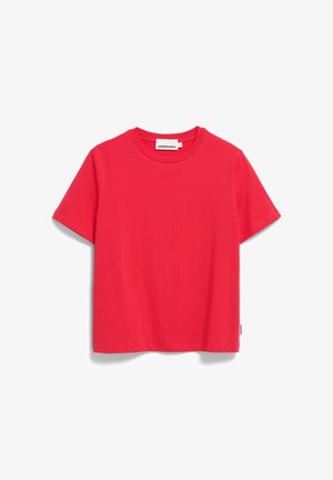 T-shirt rouge à manches courtes en coton doux, avec un col rond et un ourlet droit. Étiquette visible au niveau de l'encolure.