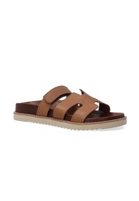 Brune læderslidesandaler med tre brede stropper, en polstret indersål og en tekstureret gummisål med en beige kant.