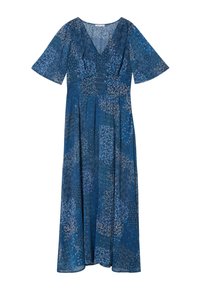 Robe maxi bleue à fleurs avec des manches courtes en volants, décolleté en V, taille froncée et jupe fluide mettant en valeur des motifs et textures complexes.
