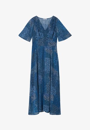 Abito lungo floreale blu con maniche corte a volant, scollo a V, vita arricciata e una gonna fluente caratterizzata da motivi e trame intricate.