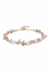 Armband med rosa ädelstenar och pärlor som har oregelbundet formade stenar, guldbelagda pärlor och en spänne-avslutning. Slät textur med en delikat design.