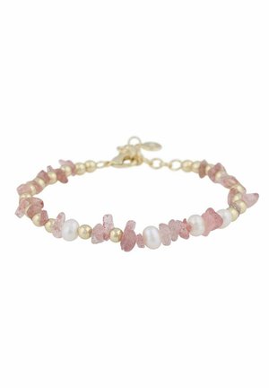 Armband mit pinkfarbenen Edelsteinen und Perlen, bestehend aus unregelmäßig geformten Steinen, Goldperlen und einem Verschluss. Glatte Textur mit einem zarten Design.