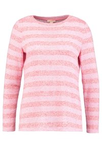 Rosa gestreifter Pullover mit langen Ärmeln und rundem Ausschnitt. Verfügt über abwechselnd einfarbige und melierte Streifen in verschiedenen Rosatönen. Weicher Stoff.