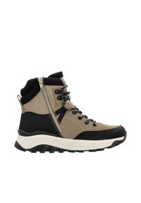 Beige und schwarze Mid-Top-Stiefel mit texturiertem Finish, Schnürung im vorderen Bereich, seitlichem Reißverschluss und strapazierfähiger Gummisohle, die für Langlebigkeit ausgelegt ist.