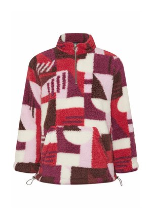 Fleece-Pullover in roten, pinken und braunen abstrakten Mustern. Hoher Kragen mit einem halben Reißverschluss, seitlichen Taschen und Kordelzugsaum. Weicher Stoff.