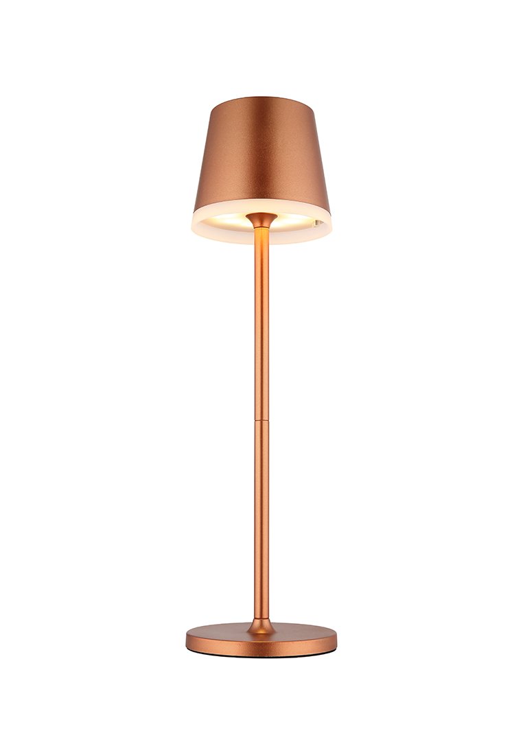 Kupferne Tischlampe mit zylindrischem Schirm, schlankem Gestell und runder Basis. Glatte Textur mit matter Oberfläche. Eignung für moderne Räume.