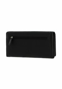 Portefeuille en cuir noir à finition texturée, de forme rectangulaire, avec un compartiment zippé. Présente un design élégant et des accents minimalistes.