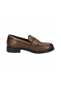 Chaussure en cuir marron à enfiler avec un bout arrondi, dotée d'accents de couture horizontale et d'un petit talon en caoutchouc noir. Texture lisse.