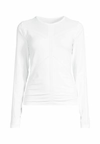 Vit långärmad topp i slät väv, med prickiga texturmönster och sömnad detaljer längs torse och ärmar.