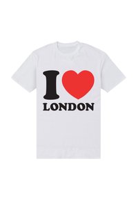 Bílý bavlněný tričko s výrazným černým textem "LONDON" a červeným srdcem ve stylizovaném písmu. Krátké rukávy a kulatý výstřih.