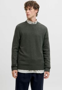 Grøn strikket sweater med rund hals og ribbede manchetter, lagd ovenpå en stribet skjorte med krave. Stoffet ser blødt og struktureret ud.
