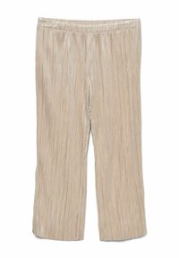 Pantalons plissés beiges avec une taille élastique, présentant des rayures verticales dans un tissu lisse et brillant, de longueur raccourcie et avec une coupe décontractée.