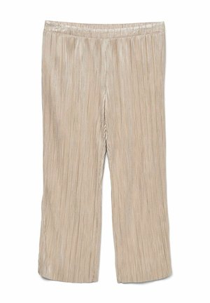 Beige plisserede bukser med elastisk talje, der har lodrette striber i et glat, glänsende stof, cropped længde og afslappet pasform.