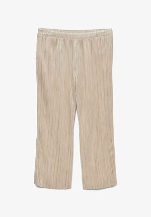 Beige plisserade byxor med elastisk midja, försedd med vertikala ränder i ett glatt, glansigt tyg, kort längd och avslappnad passform.