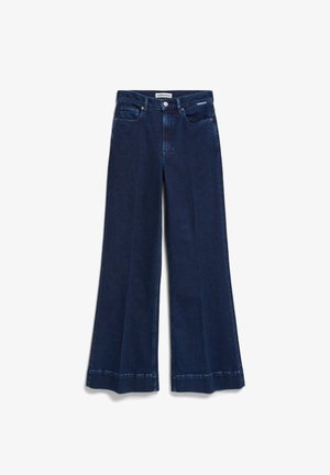 Jeans in denim scuro a gamba larga con un classico design a cinque tasche, chiusura frontale con bottone e orlo sfrangiato con cuciture laterali per un look strutturato.