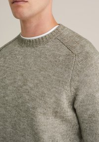Maglione lavorato a maglia grigio chiaro con scollatura a girocollo. Presenta un colletto a coste e un tessuto testurizzato con sottili variazioni di colore.