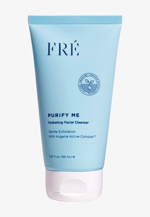 Tube bleu clair de nettoyant facial hydratant, étiqueté "Purify Me", avec un capuchon blanc et un texte bleu marine. Contient un complexe actif d'Argania, 150 mL.