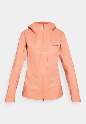 Naiste heledat koralli värvi veekindel jakk kapuutsiga, täispikk eesmine tõmblukk, kaks vertikaalset rinnataskut ja "Patagonia" logo vasakus rinnas.