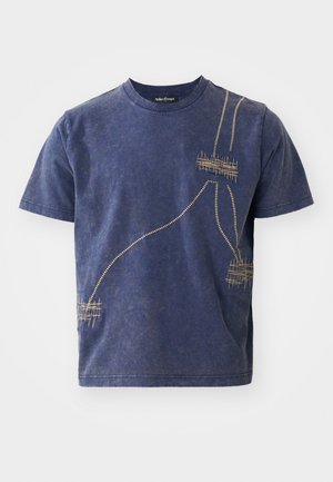 Dark blue cotton T-shirt with gold stitching patterns and embroidered accents. Classic crew neck, short sleeves, and relaxed fit.