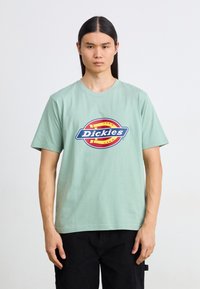Šviesiai žalia medvilninė marškinėliai su apvaliu iškirpimu. Centriniuose marškinėlių dalyje yra ryškus mėlynas ir raudonas "Dickies" logotipas. Trumpomis rankovėmis, laisvas siluetas.