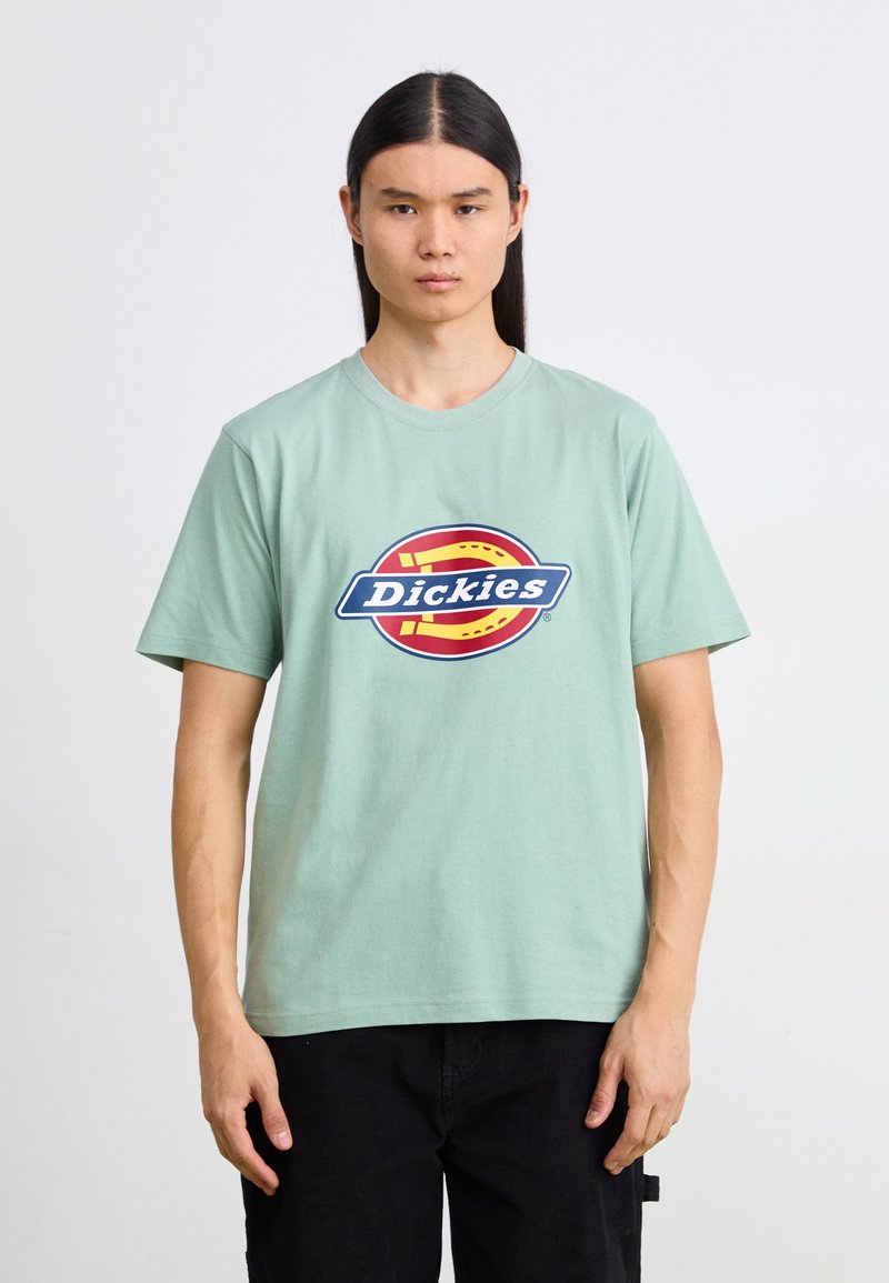 Šviesiai žalia medvilninė marškinėliai su apvaliu iškirpimu. Centriniuose marškinėlių dalyje yra ryškus mėlynas ir raudonas "Dickies" logotipas. Trumpomis rankovėmis, laisvas siluetas.