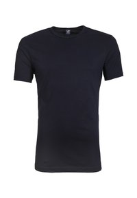 Navyblauwe katoen t-shirt met korte mouwen, ronde hals, gladde textuur en een getailleerde silhouette, met minimale stiknaad en geen zichtbare logo's.