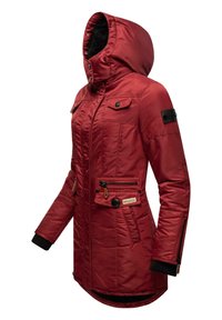 Red padded jacket with a hood, featuring a zippered front, two chest pockets, and ribbed cuffs. Smooth fabric with a subtle sheen.