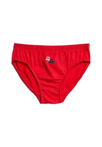 Red cotton brief with elastic waistband, featuring an embroidered design of a van and a car on the front. Smooth texture, classic shape.
