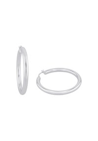 Silberne Creolen mit hochglanzpolierter Oberfläche, die ein glattes, abgerundetes Design aufweisen. Sie haben einen sicheren Verschluss und eine einfache Silhouette.