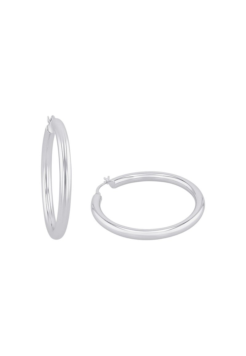 Silberne Creolen mit hochglanzpolierter Oberfläche, die ein glattes, abgerundetes Design aufweisen. Sie haben einen sicheren Verschluss und eine einfache Silhouette.