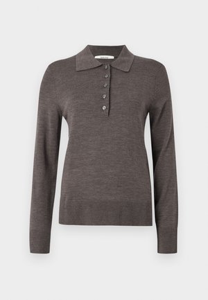 Šedý dlouhý rukáv polo svetr vyrobený z měkké pleteniny. Obsahuje klasický límeček a šesti knoflíkové zapínání vpředu. Hladký povrch.
