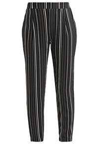 Pantalon noir slim avec des rayures verticales blanches et grises et une ceinture élastique.