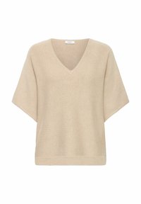 Pull en V beige avec des manches courtes et larges, fabriqué dans un tissu doux et texturé. Doté d'un ourlet droit et de détails de couture minimalistes.