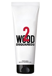 White plastic tube containing perfumed bath and shower gel, featuring bold black and red text, with a solid black bottom.