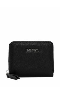 Black textured leather wallet with silver zipper and "SURI FREY" logo on front center.