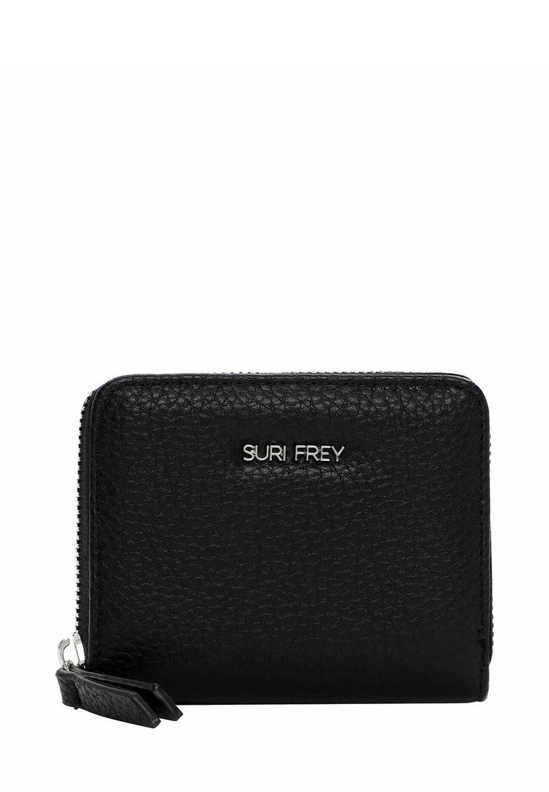 Black textured leather wallet with silver zipper and "SURI FREY" logo on front center.