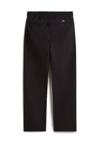 Black pants with an elastic waistband, two back pockets, and straight-leg design. Fabric appears smooth and lightweight.