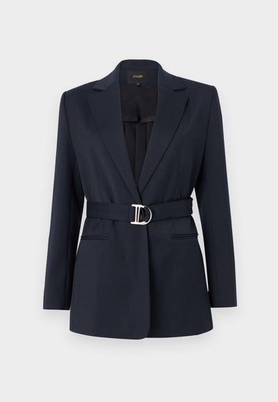 Marinblazer med skräddarsydd passform, en knappstängning och en silverfärgad bältesknäppning. Har två framfickor och en slät textur.