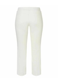 Valkoiset, muotoon ommellut capri-housut sileästä kankaasta. Korkea vyötärö ja ei näkyviä kiinnityksiä tai taskuja korostavat siistiä muotoilua.