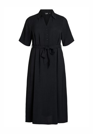 Musta midi-mittainen mekko, jossa on lyhyet hihat, napitettu edusta, kaulus ja kankainen vyö solmittuna vyötärölle.