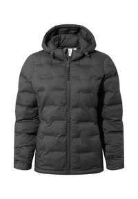 Black puffer jacket featuring a hood, quilted design, front zipper closure, and drawstring accents. Smooth texture and padded construction.